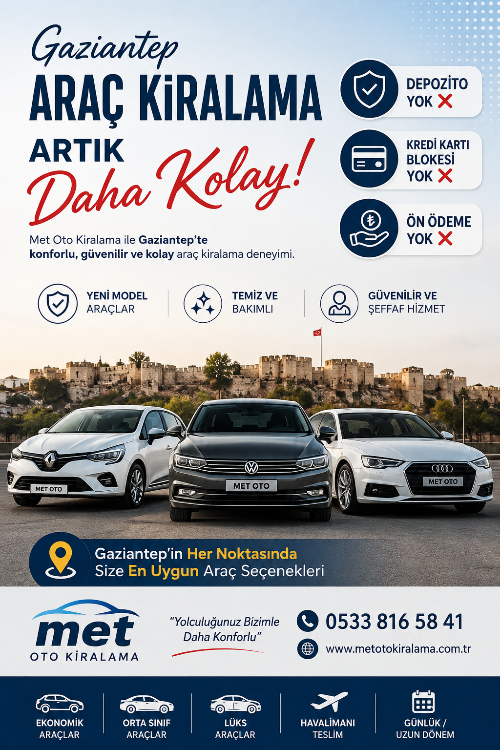 Gaziantep Araç Kiralama Depozito Yok Bloke Yok Ön Ödeme Yok
